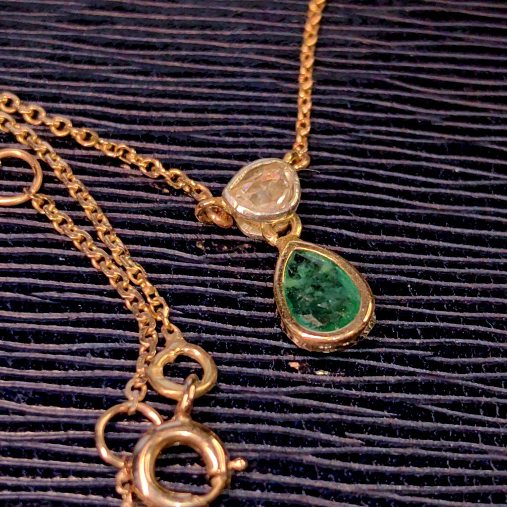 Genuine Emerald & Diamond Necklace Solid 18k Yellow Gold Drop Shaped Antique Vintage Pendant Charm Gift for Her Elegant Dainty Classic chain