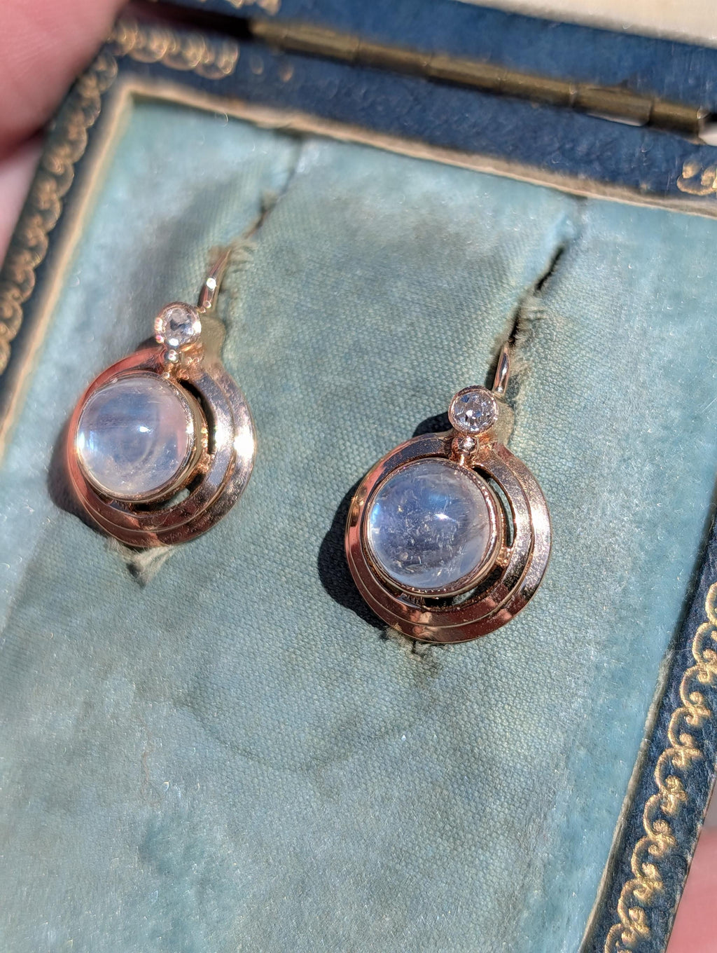 1920s Art Deco Moonstone Diamond Earrings, 14k Rose Gold, Hungarian Hallmarked Dangle