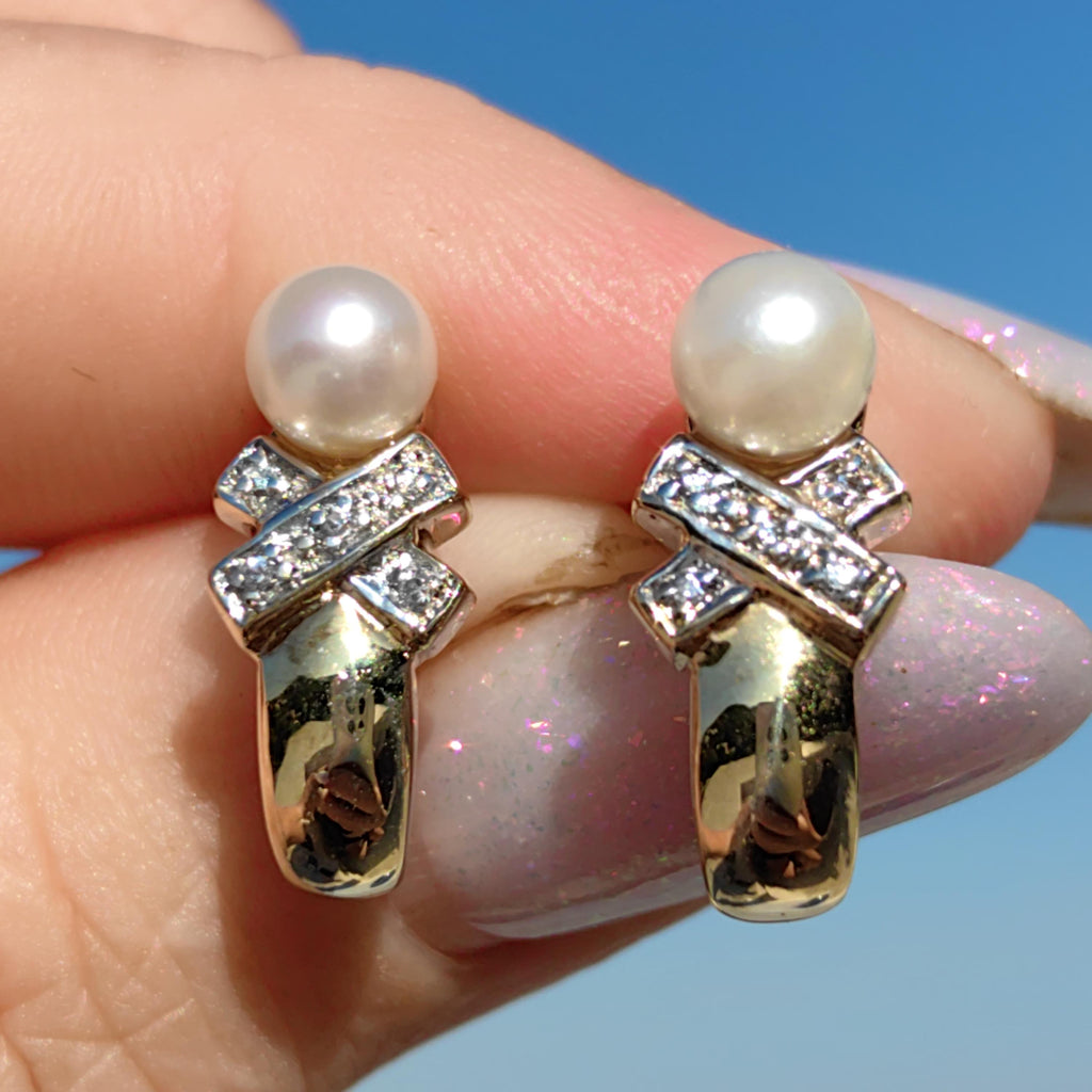 Vintage 8K Gold Pearl Cross Earrings: Elegant Antique Gift