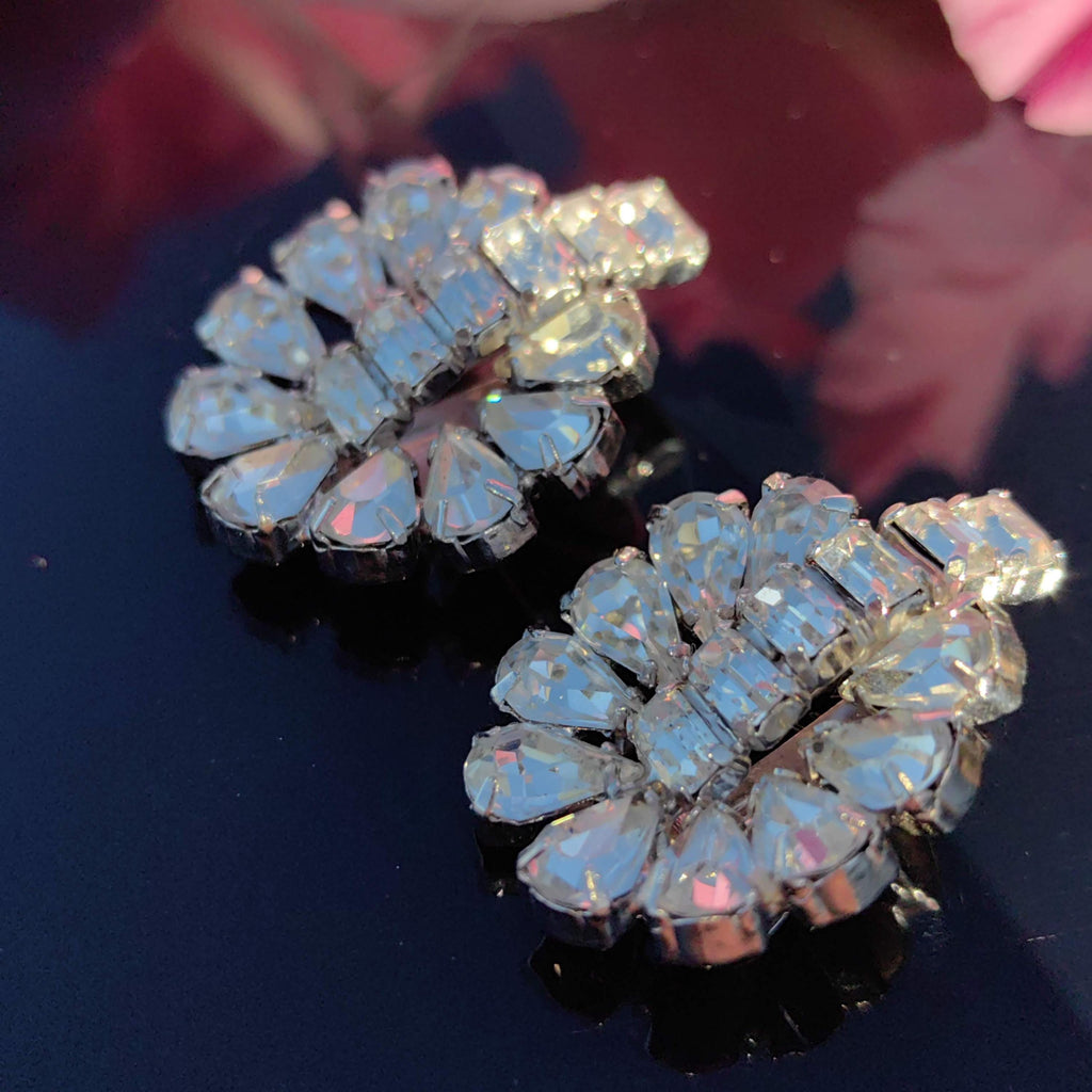 Art Deco Paste Stone Clip-on Earrings: Antique Silver Costume Jewelry