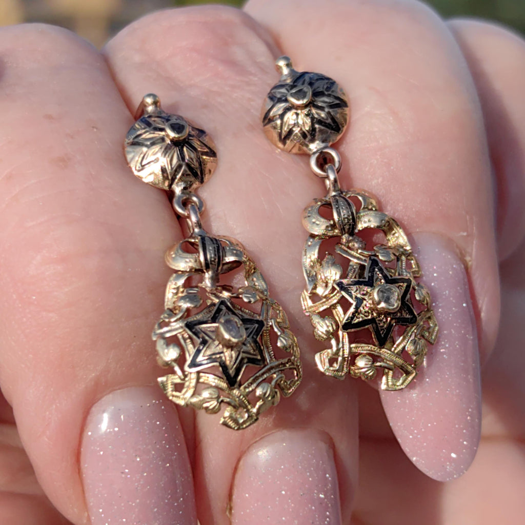 Victorian 18k Gold Diamond David Star Dangle Earrings: Black Enamel Judaica