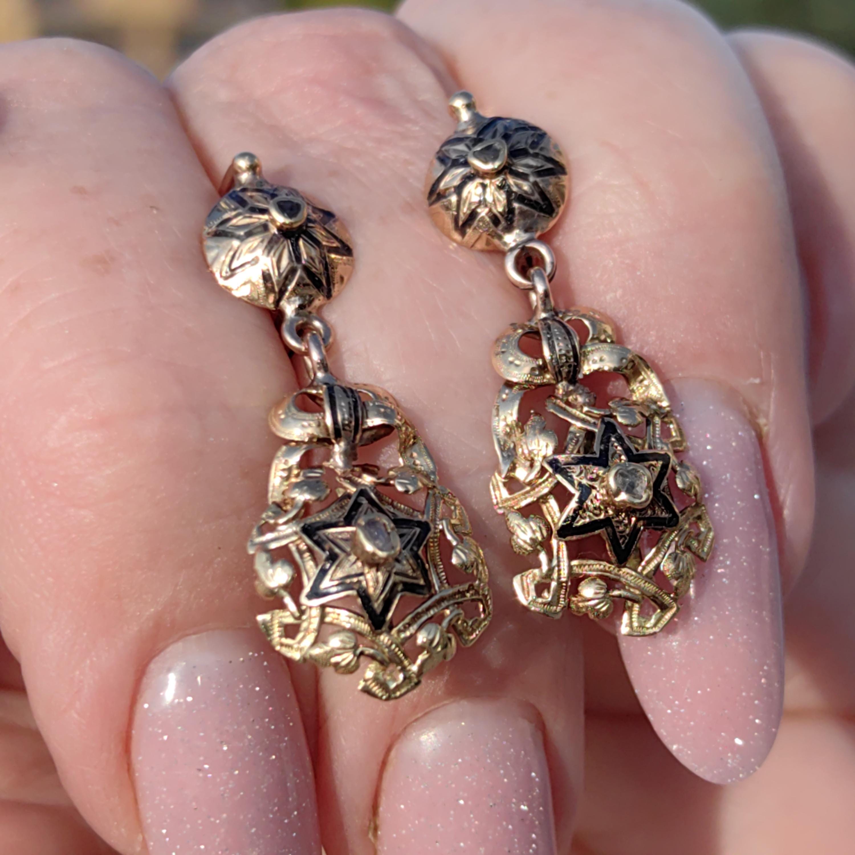 Victorian 18k Gold Diamond David Star Dangle Earrings: Black Enamel Judaica
