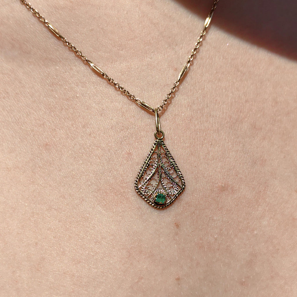 Victorian Emerald Pendant: 14k Yellow Gold Filigree, Hand-Chiseled Floral Charm