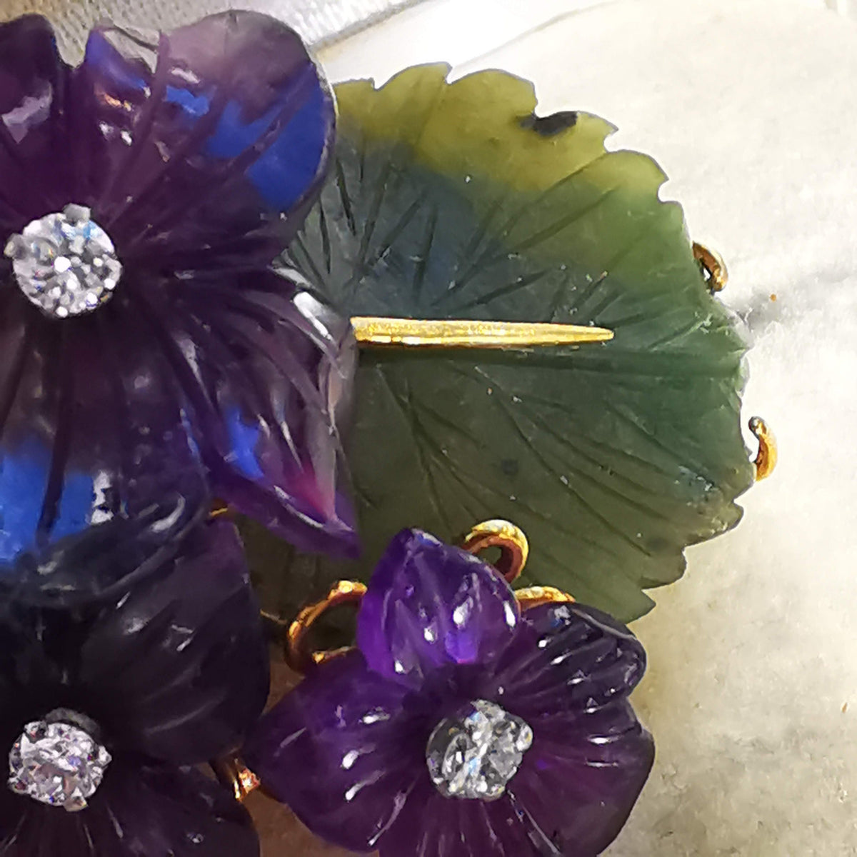 Art Nouveau 1900s Hand Carved Natural Purple Amethyst Jade Diamond 18k Solid Yellow Gold Brooch Antique Floral Violet Pin Gift for her