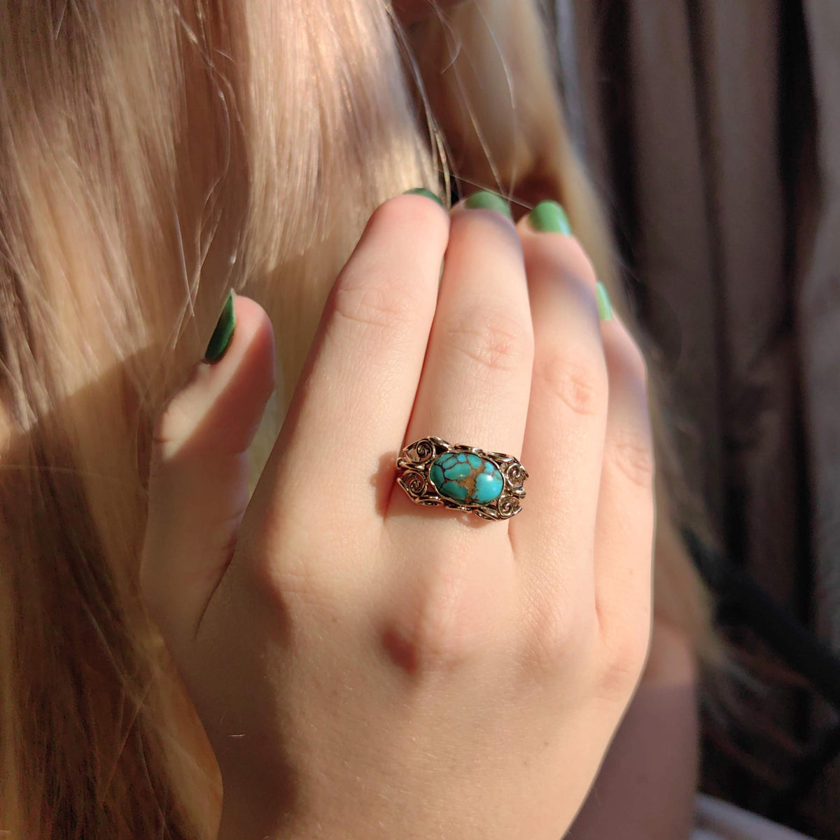Art Deco Natural Blue Turquoise Ring, 14k Yellow Gold Antique Statement Ring, 1930s Cabochon Gemstone Vintage Jewelry Gift