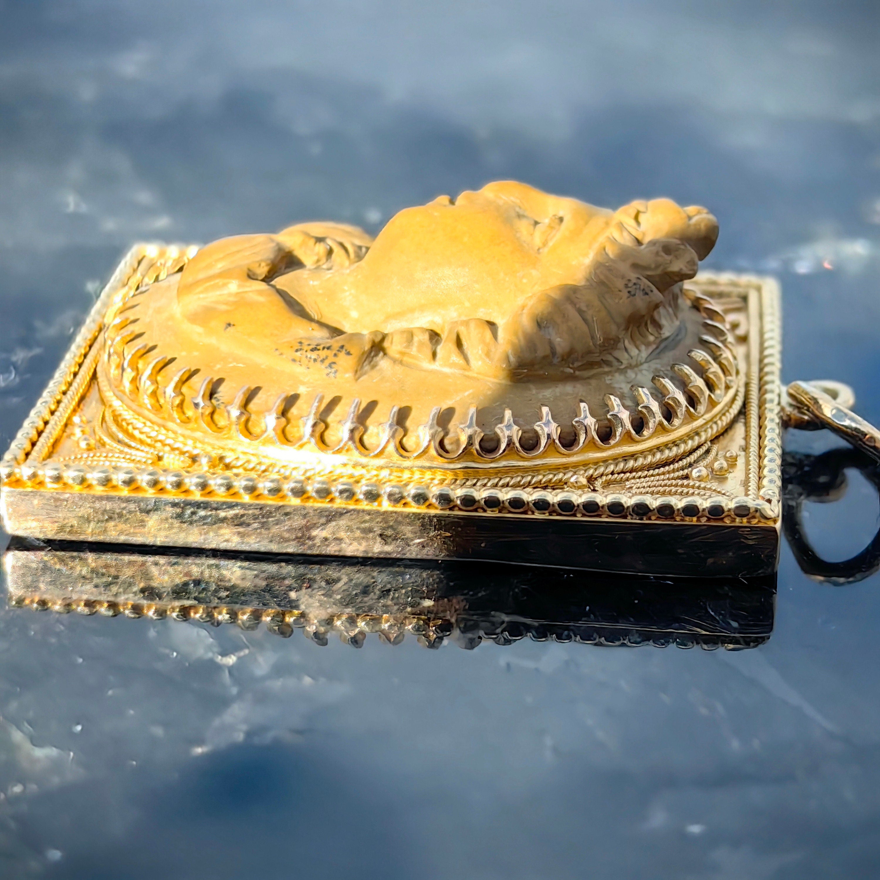 Antique Hand Carved Lava Cameo Pendant: 14k Solid Gold Framed Relief