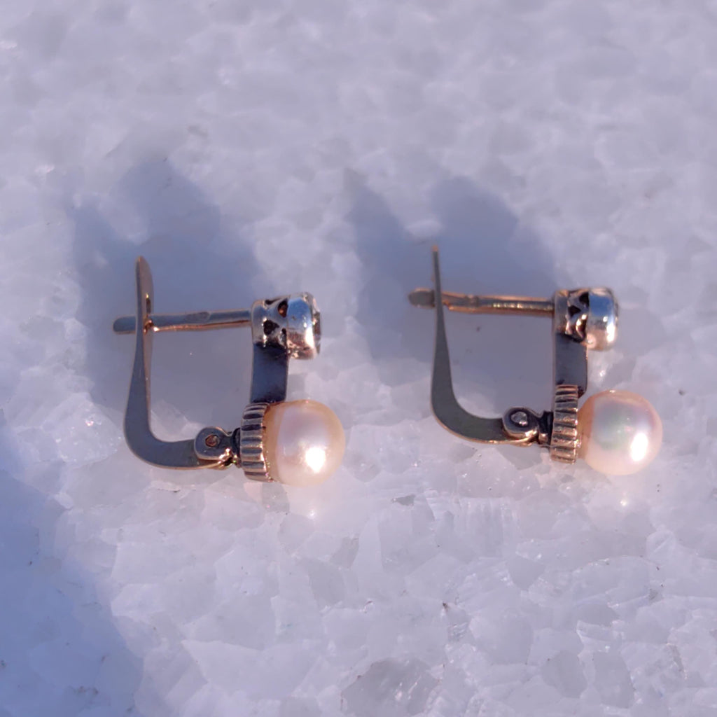 Diamond Pearl Solid Yellow 18k Gold Art Deco 1930s Elegant Sleepers Dormouse Dangle Drop Latch Back Antique Vintage Earrings Gift for Her