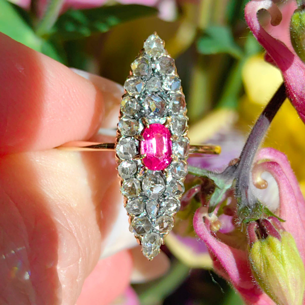 Vintage Art Deco Ruby and Rose Cut Diamond 18k Gold Ring