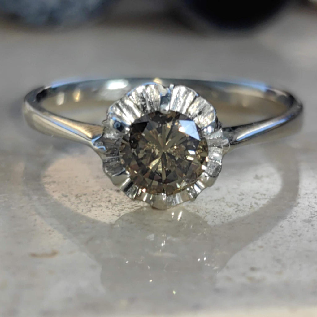 Fancy Brown Diamond White 18k Hallmarked Gold Elegant Solitaire Engagement Ring Gift for Her Present Cognac Diamond