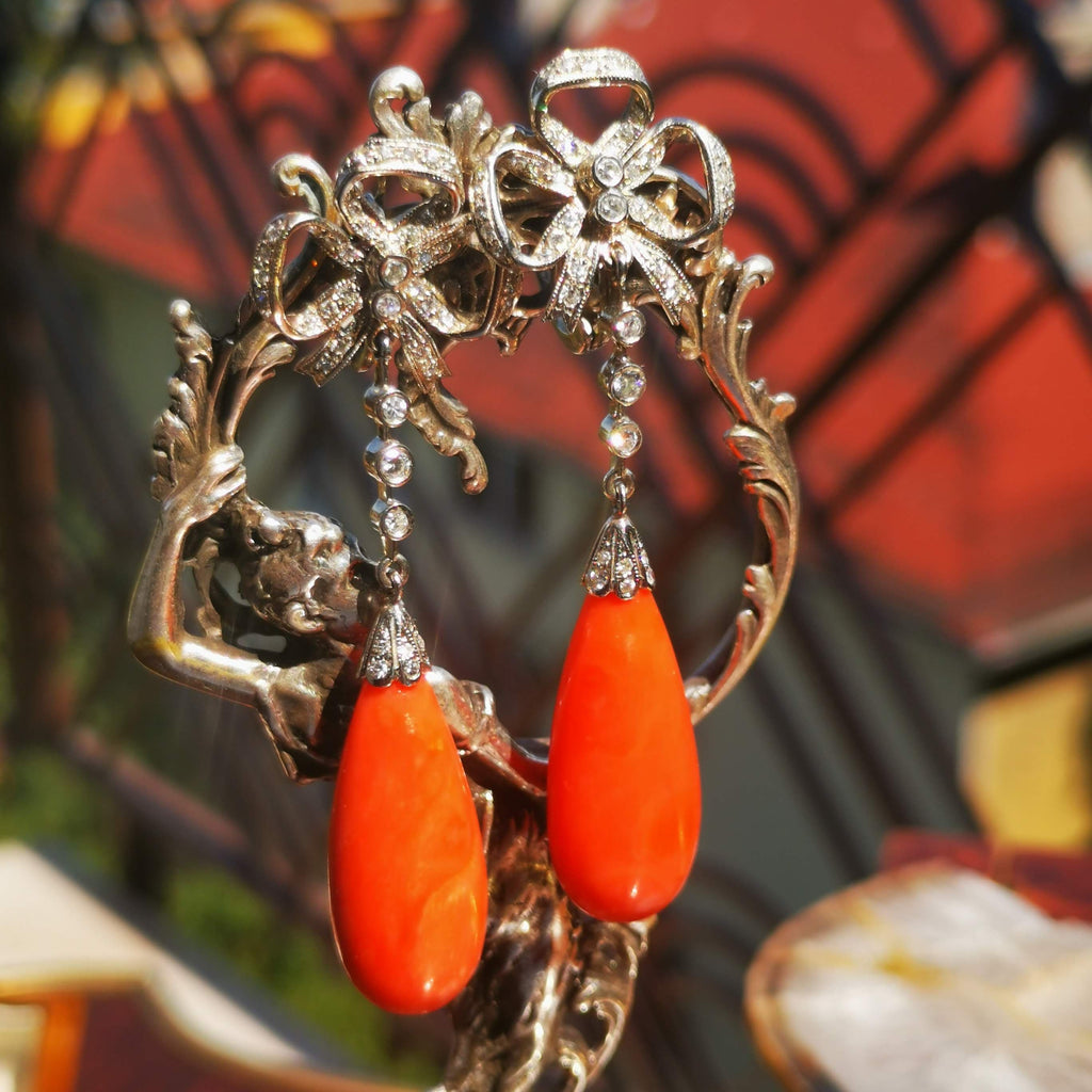 Edwardian Coral Diamond Dangle Earrings 14k Gold 1.3ct Antique 1910s Drop Earrings