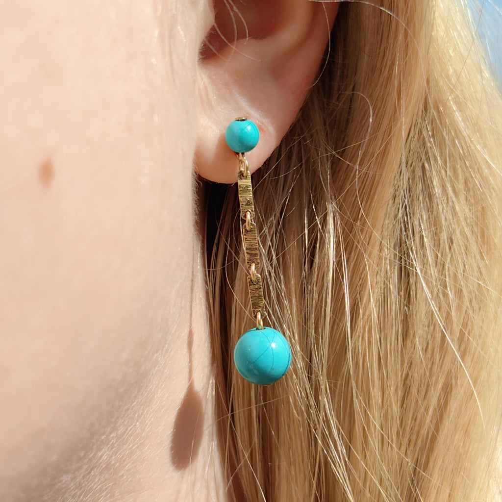 Vintage 1950s Turquoise 18K Gold Dangle Earrings