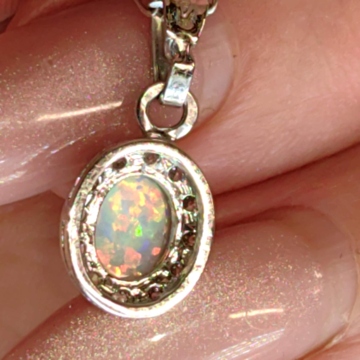 Natural Opal Solid 14k white Gold  Colorful  Stone Vintage Antique  Pendant, Dainty Cubic Zirconia Charm Elegant Gift for Her