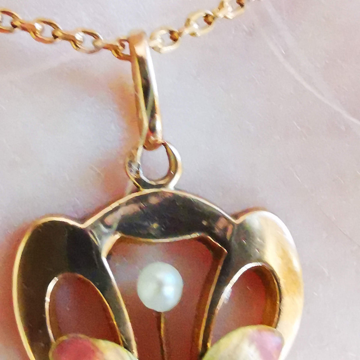 Art Nouveau 1900s French Pearl and 14k Solid Yellow Rose Champagne Gold Enamel Floral Statement Pendant Elegant Gift for Her