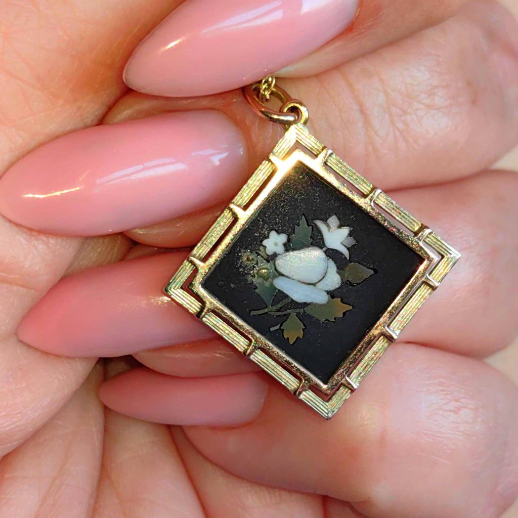 Victorian Micromosaic Flower Pendant: 18k Gold & Petra Dura Stone