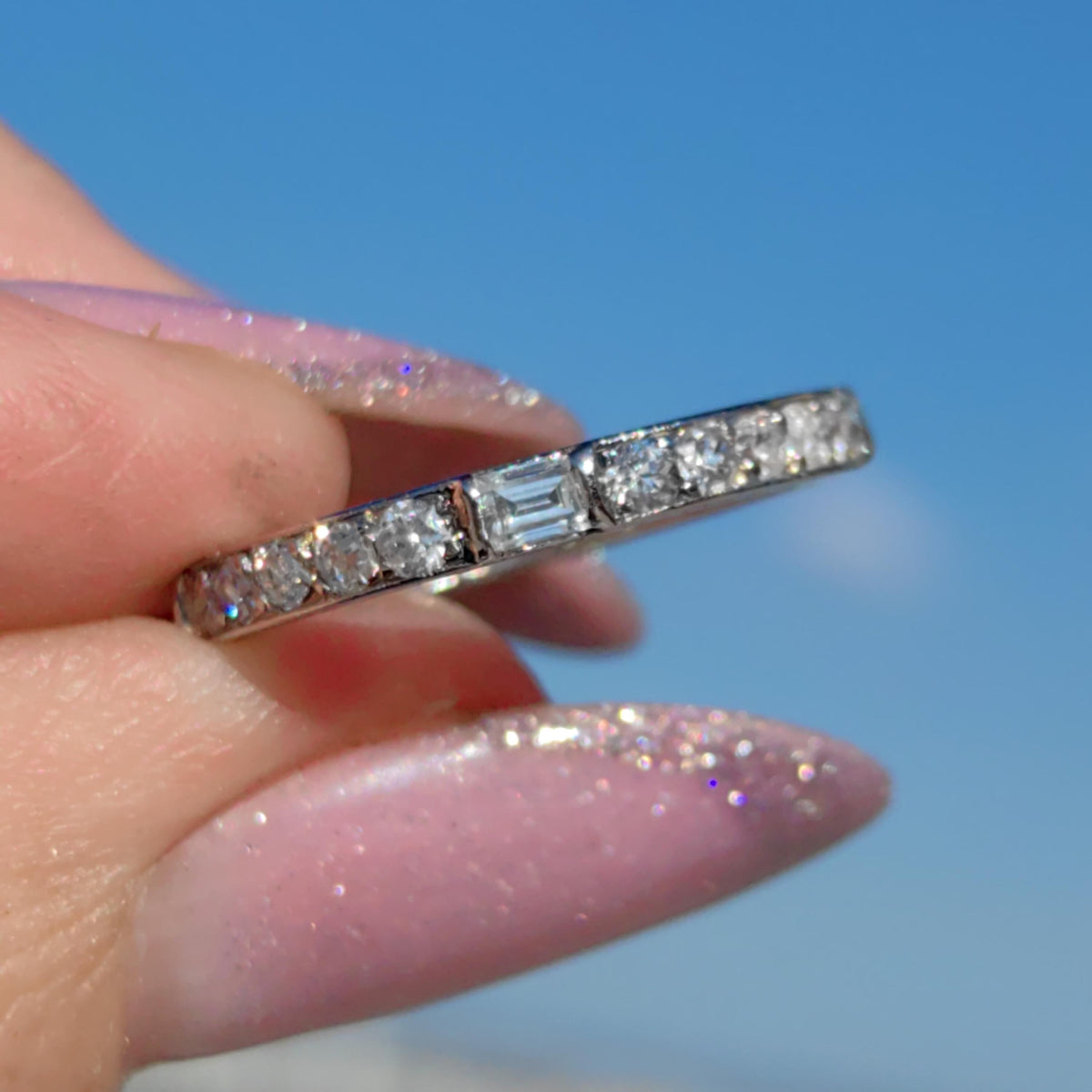 Art Deco Diamond Eternity Ring: 14K Gold Wedding Band, 1930s Floral Design