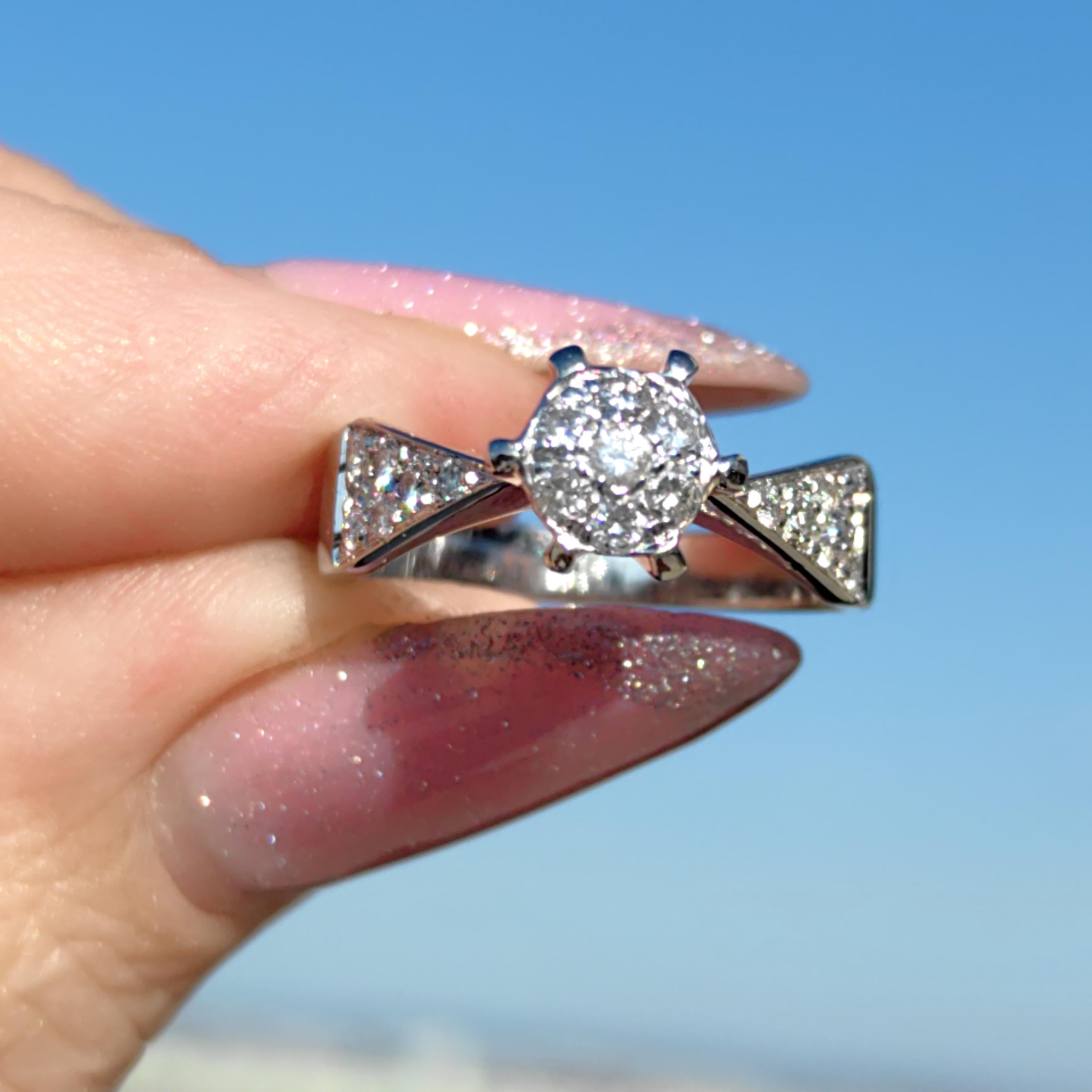 Vintage Diamond Cluster Ring: 14k White Gold Engagement Ring, Size 6.5