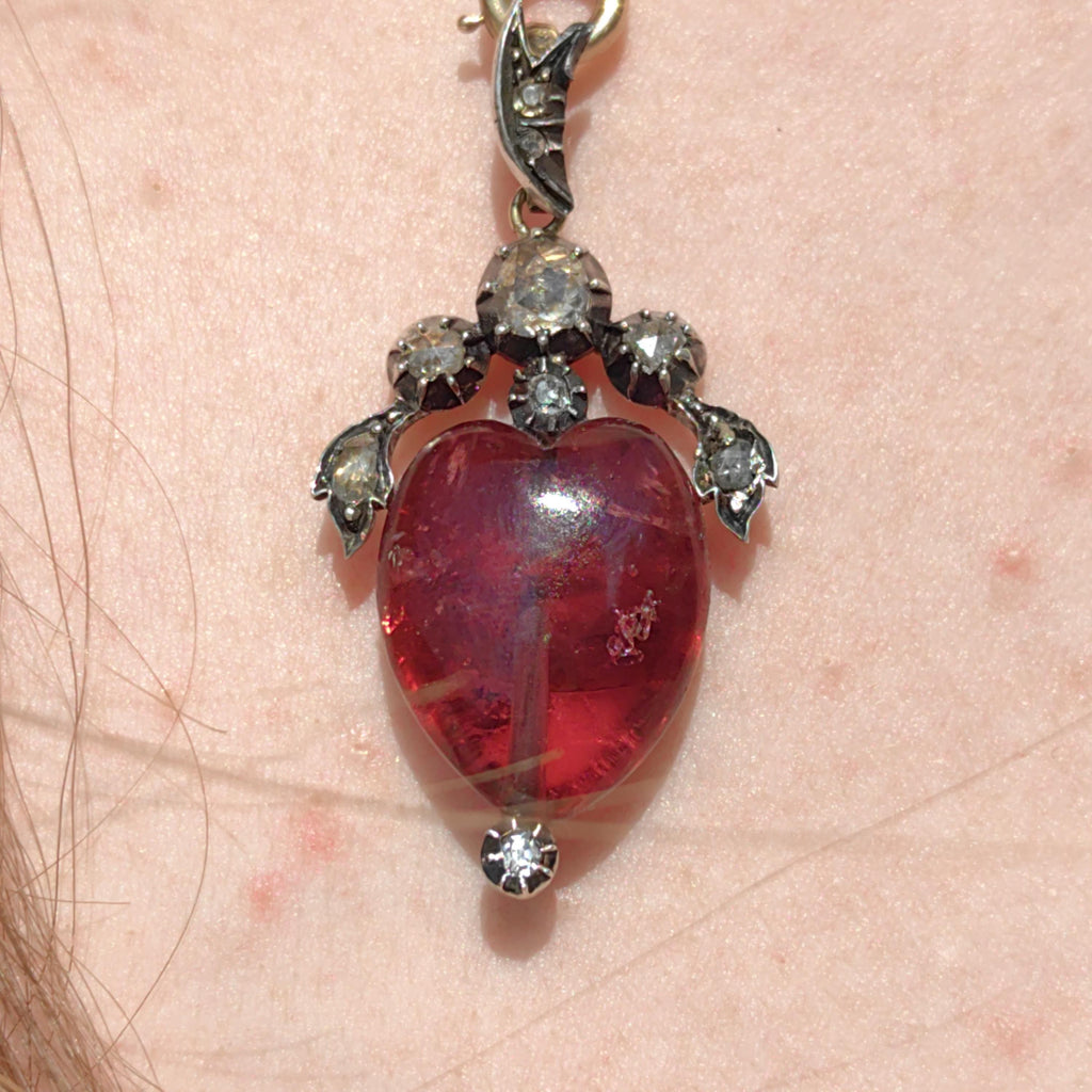 Victorian Red Rubellite Tourmaline Rose Diamond Heart Gothic Pendant 14k Solid Gold Silver Setting Charm Gift Present