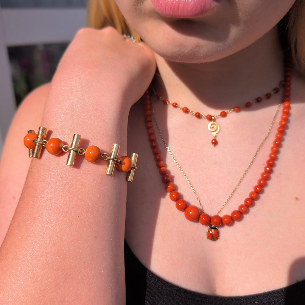 Antique 18kt Champagne Gold Natural Coral Bracelet, Hungarian Import Hallmarked Chain, Red Orange Mediterranean Coral Chic Boho Gift Her Him