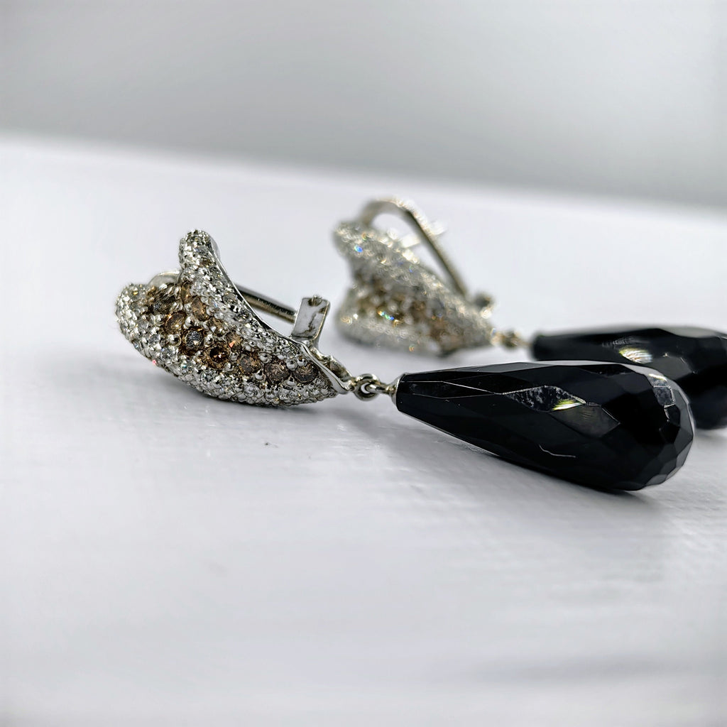 Vintage White and Champagne Diamond Onyx 18k Solid White Gold Statement Dangle Earrings