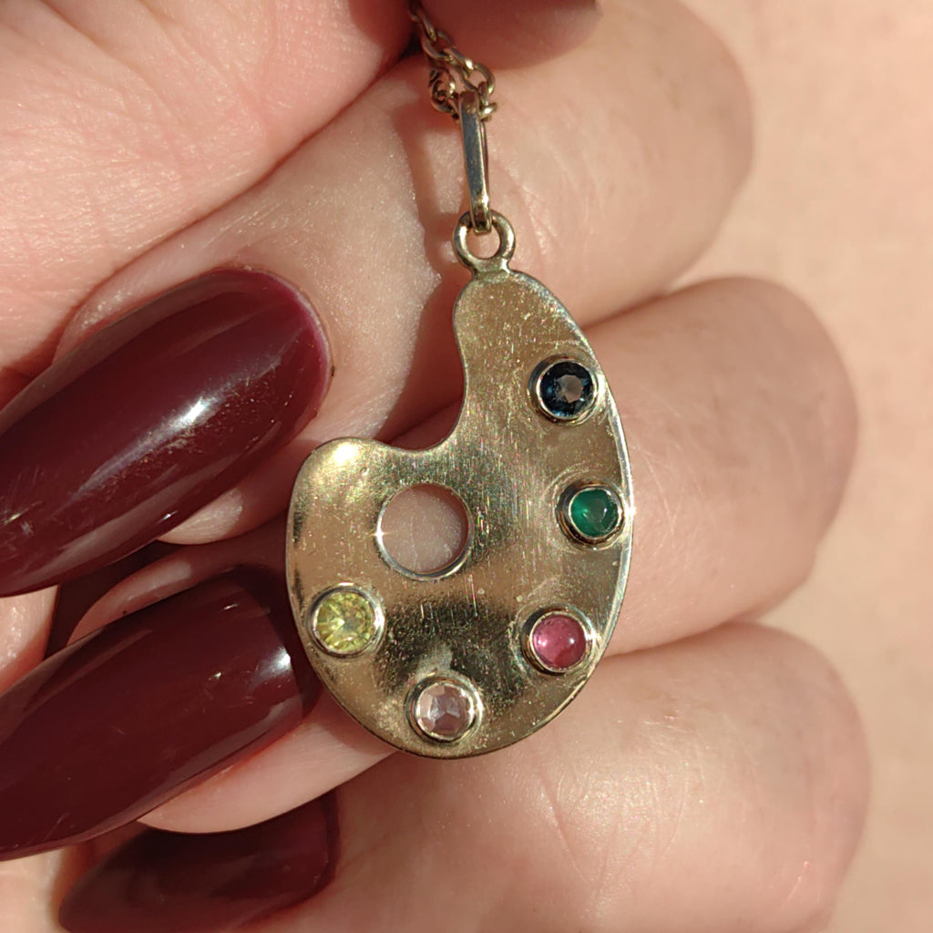 Vintage Solid Hallmarked Gold Paint Colourful Emerald Sapphire Ruby Citrine Diamond Multi Stone Pendant Art Painter Artist Creative Charm