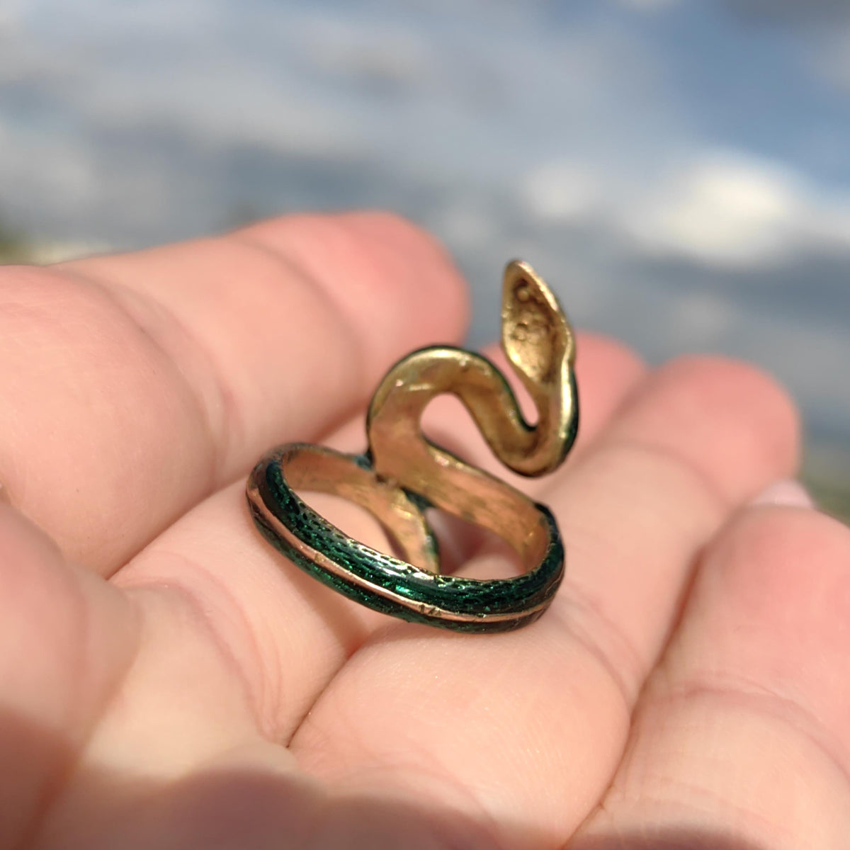 Solid 14k Yellow Gold Green Fire Enamel Snake Shape Gold Band Ring Gift for Her Animal Exotic Reptile Retro Vintage Ring