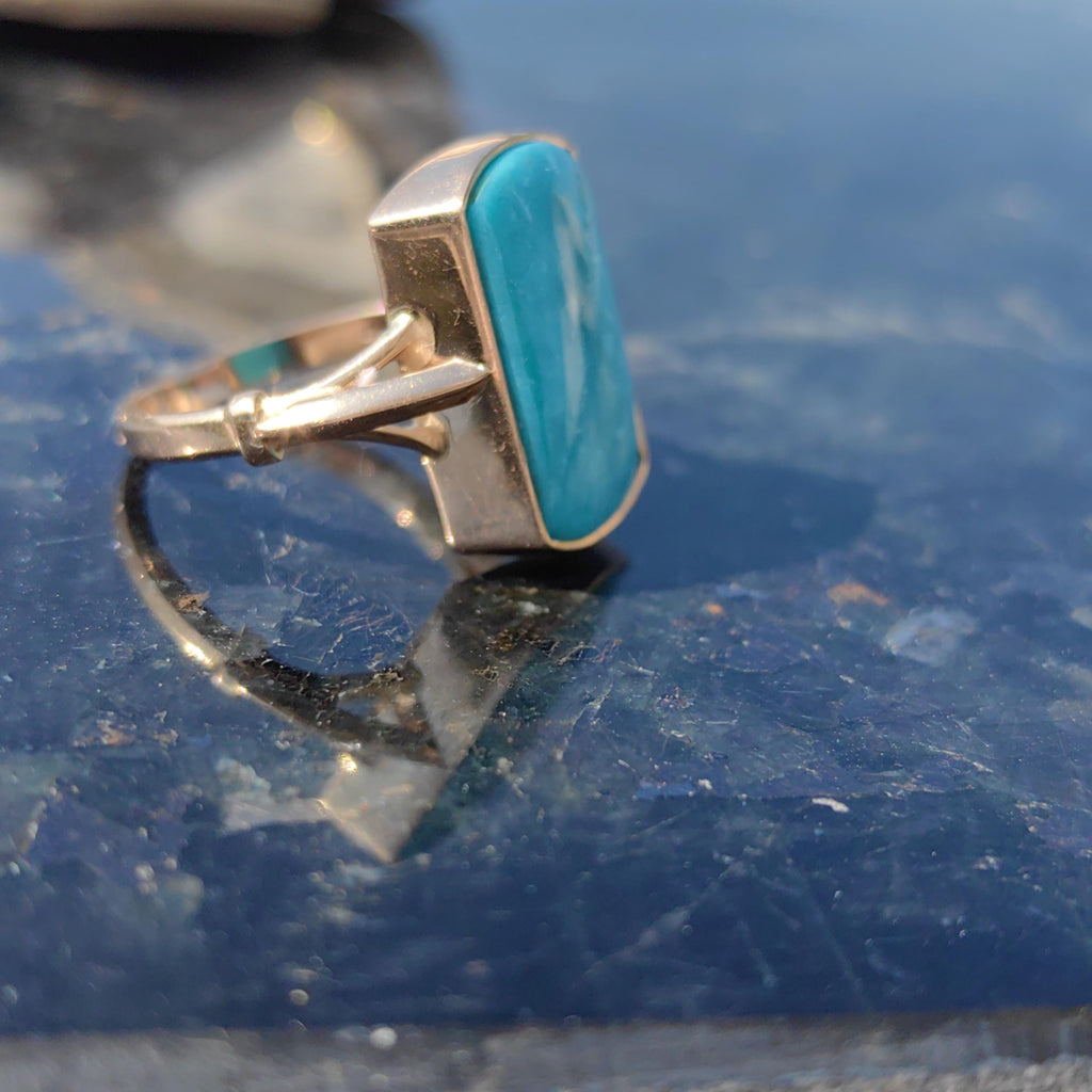 Vintage 14k Solid Yellow Gold Blue Turquoise Square Ring Antique Art Deco 1920s Gift for Her Elegant Present