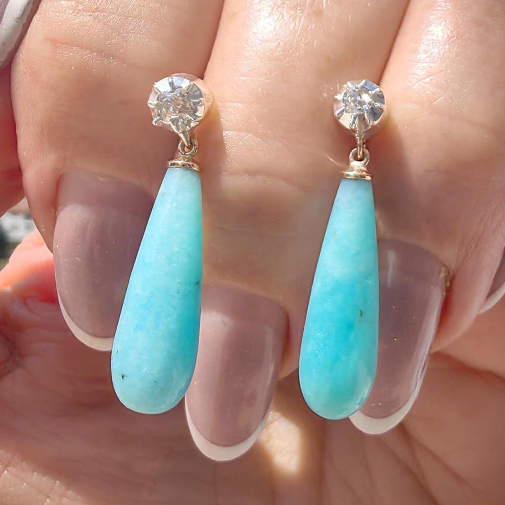 Victorian 1880s Blue Amazonite Diamond Solid 14k Gold Dangle Drop Statement Earrings Rose Cut Diamond Gift for Her Present