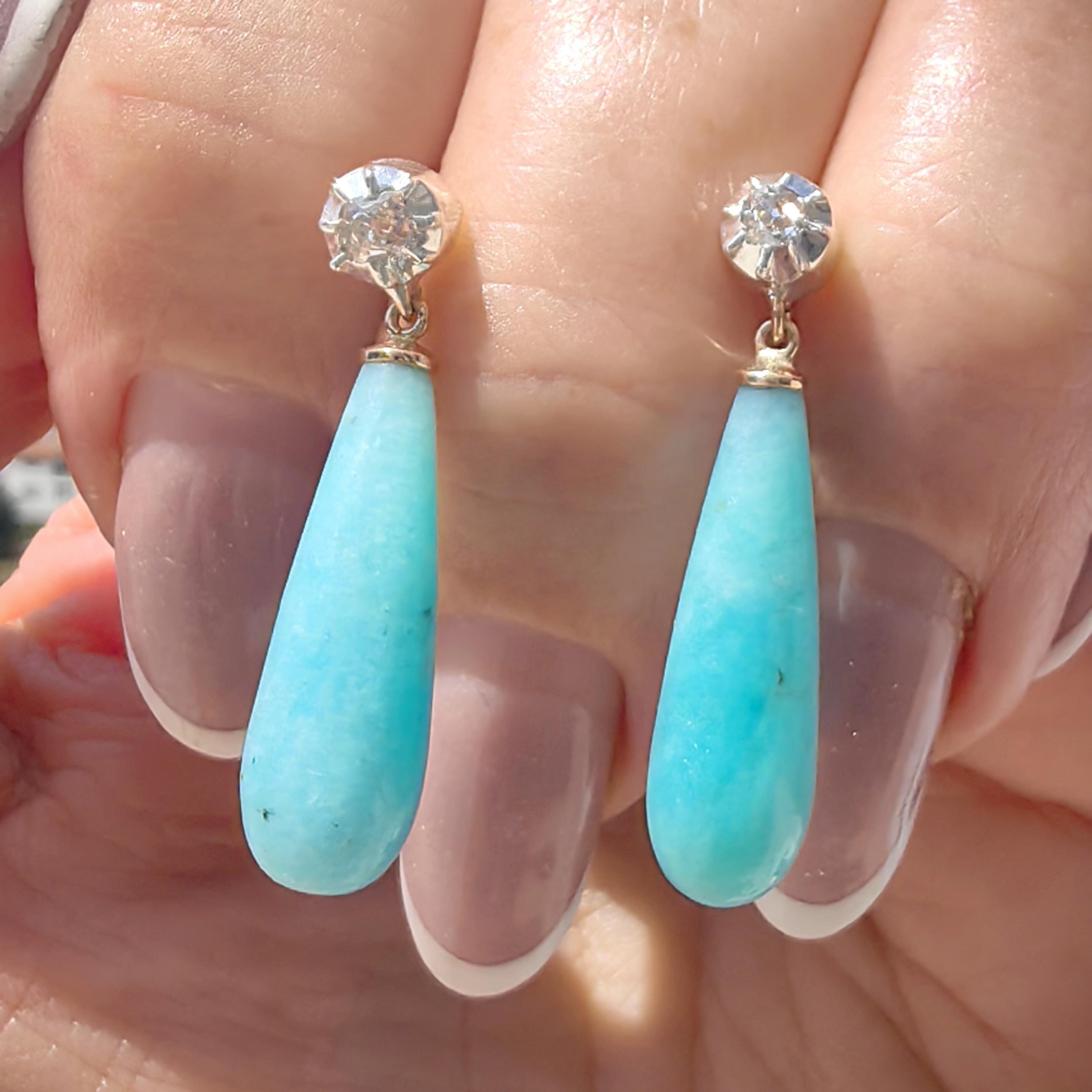 Victorian 1880s Blue Amazonite Diamond Solid 14k Gold Dangle Drop Statement Earrings Rose Cut Diamond Gift for Her Present