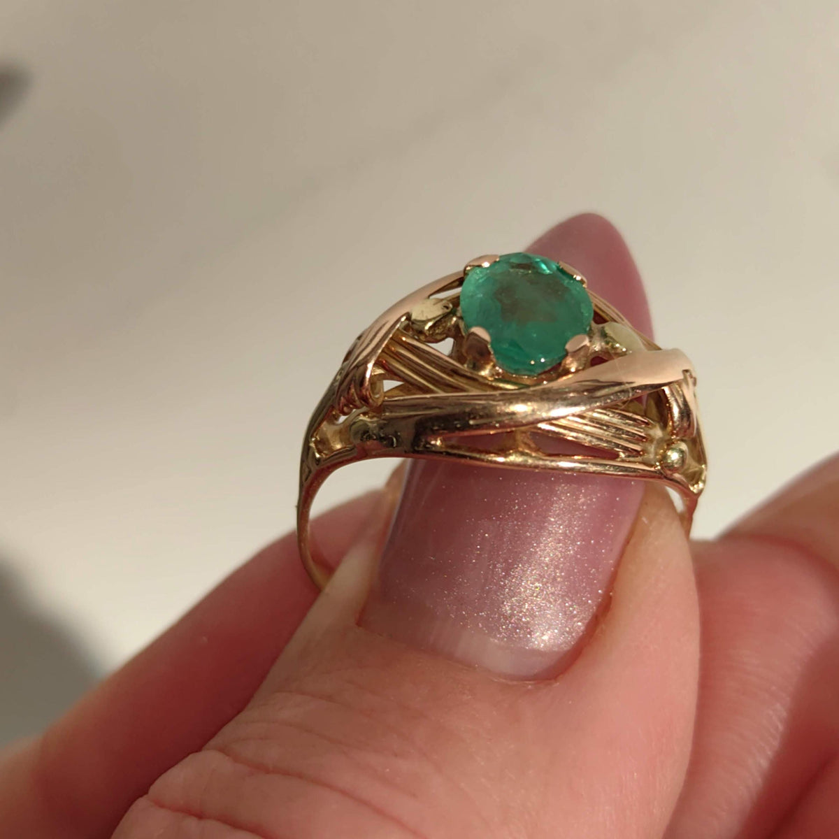 Art Nouveau 1900s Emerald Hallmarked 14k 585 Solid Yellow Rose Gold Antique Vintage Oval Natural Stone Band Solitaire Ring Gift Present