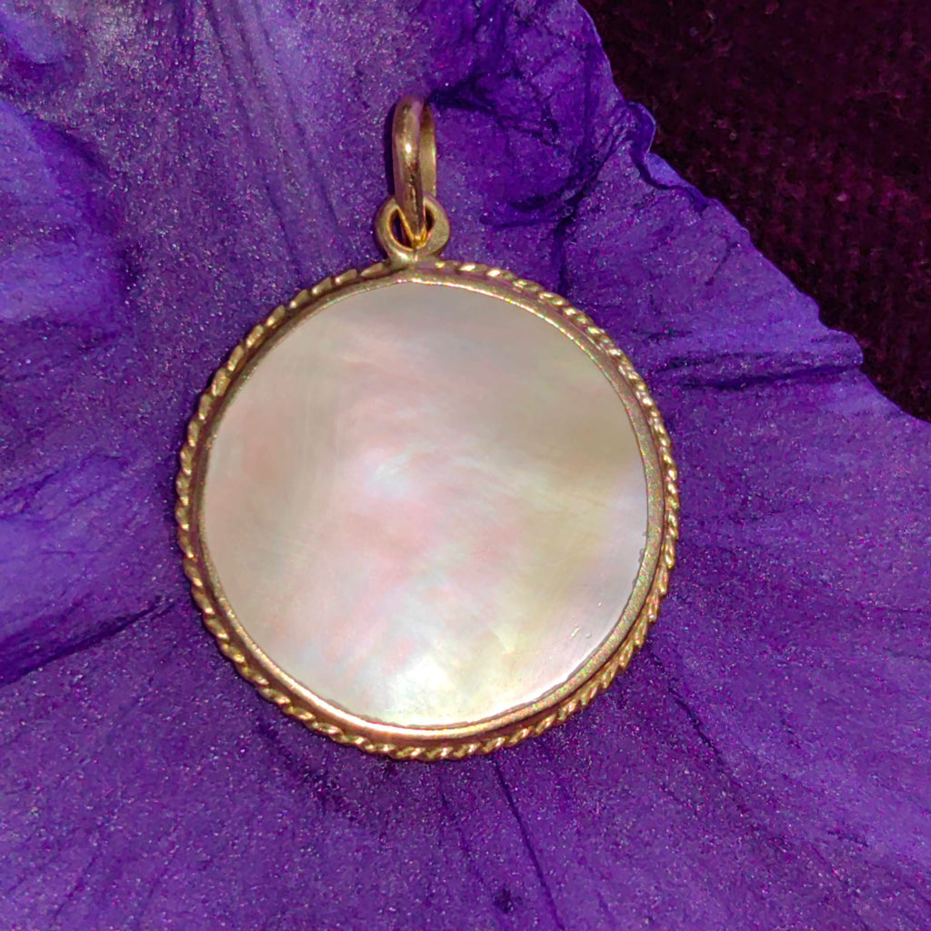 Vintage 1970s Hand Carved Mother of Pearl 18k Gold Pendant
