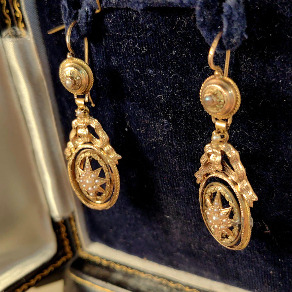 18k Yellow Gold Pearl Dangle Earrings: Antique Bow Star Design
