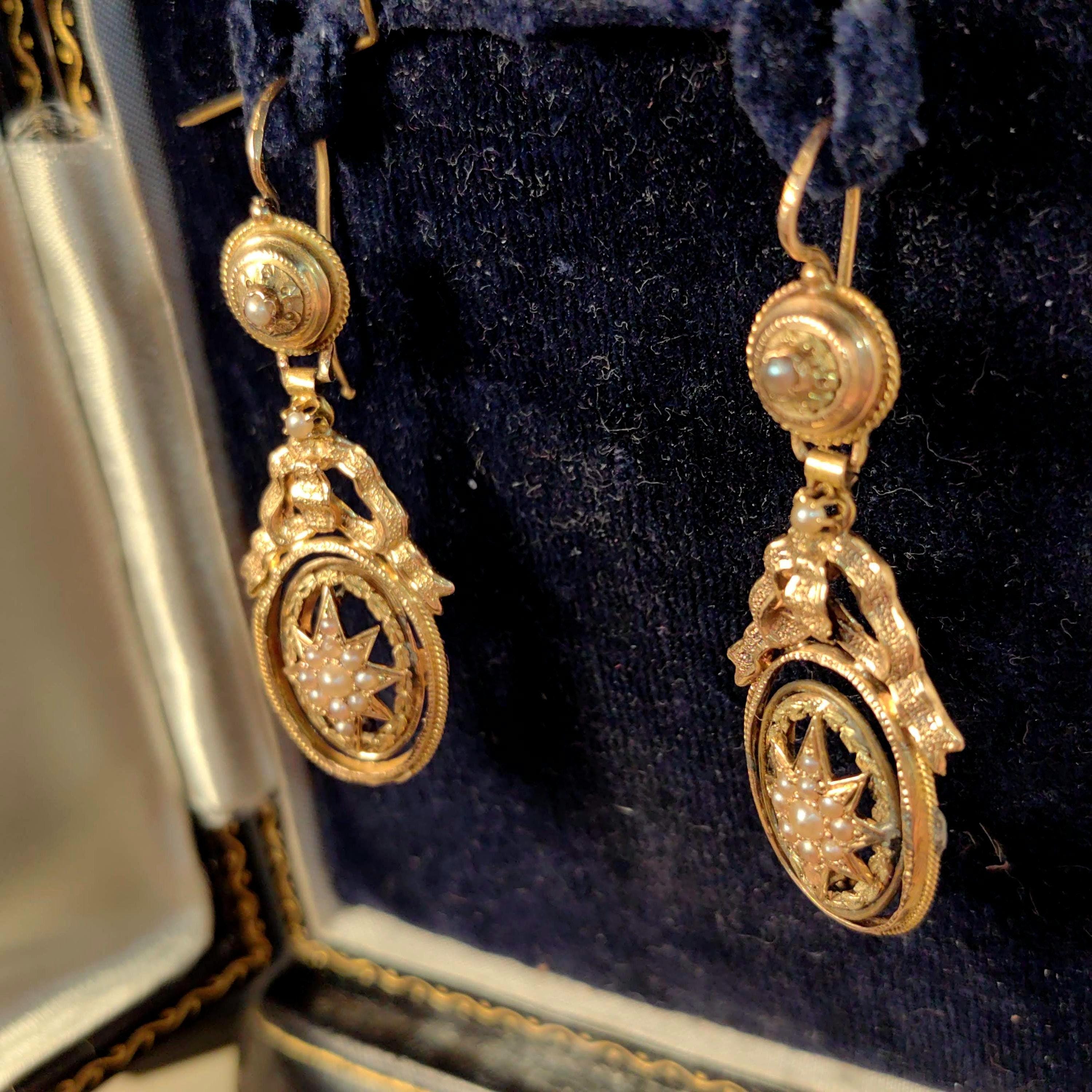 18k Yellow Gold Pearl Dangle Earrings: Antique Bow Star Design