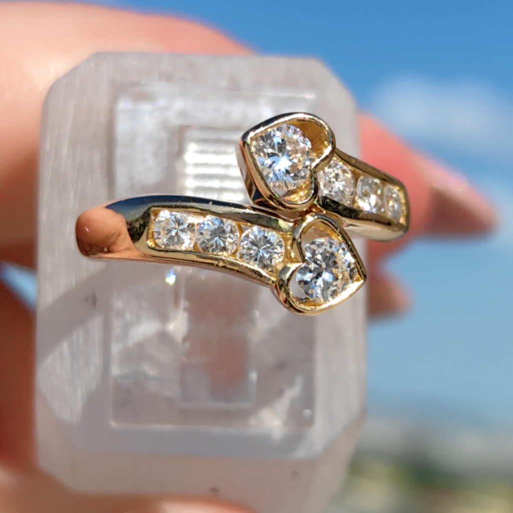 Vintage 0.64ct Diamond Ring: 21.6k Yellow Gold Two Heart Promise Ring, Size 6