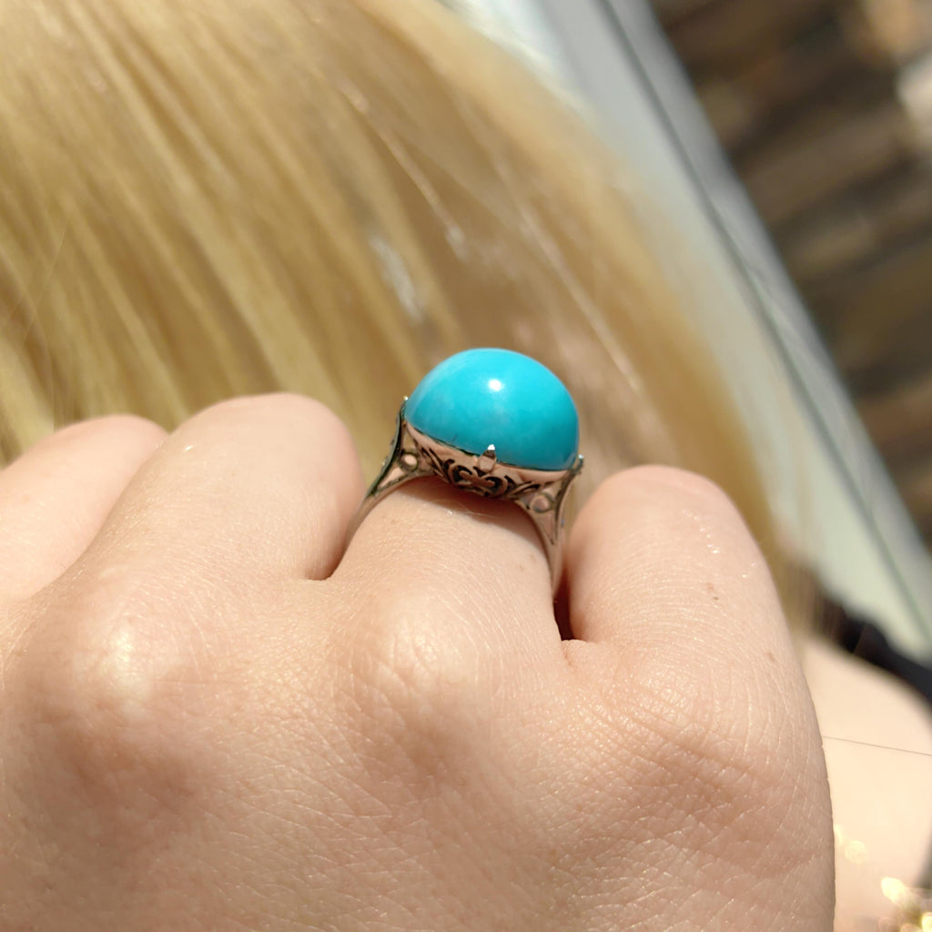 1920s Art Deco 18K White Gold Natural Blue Turquoise Diamond Ring, French Hallmark Antique Statement Engagement Jewelry