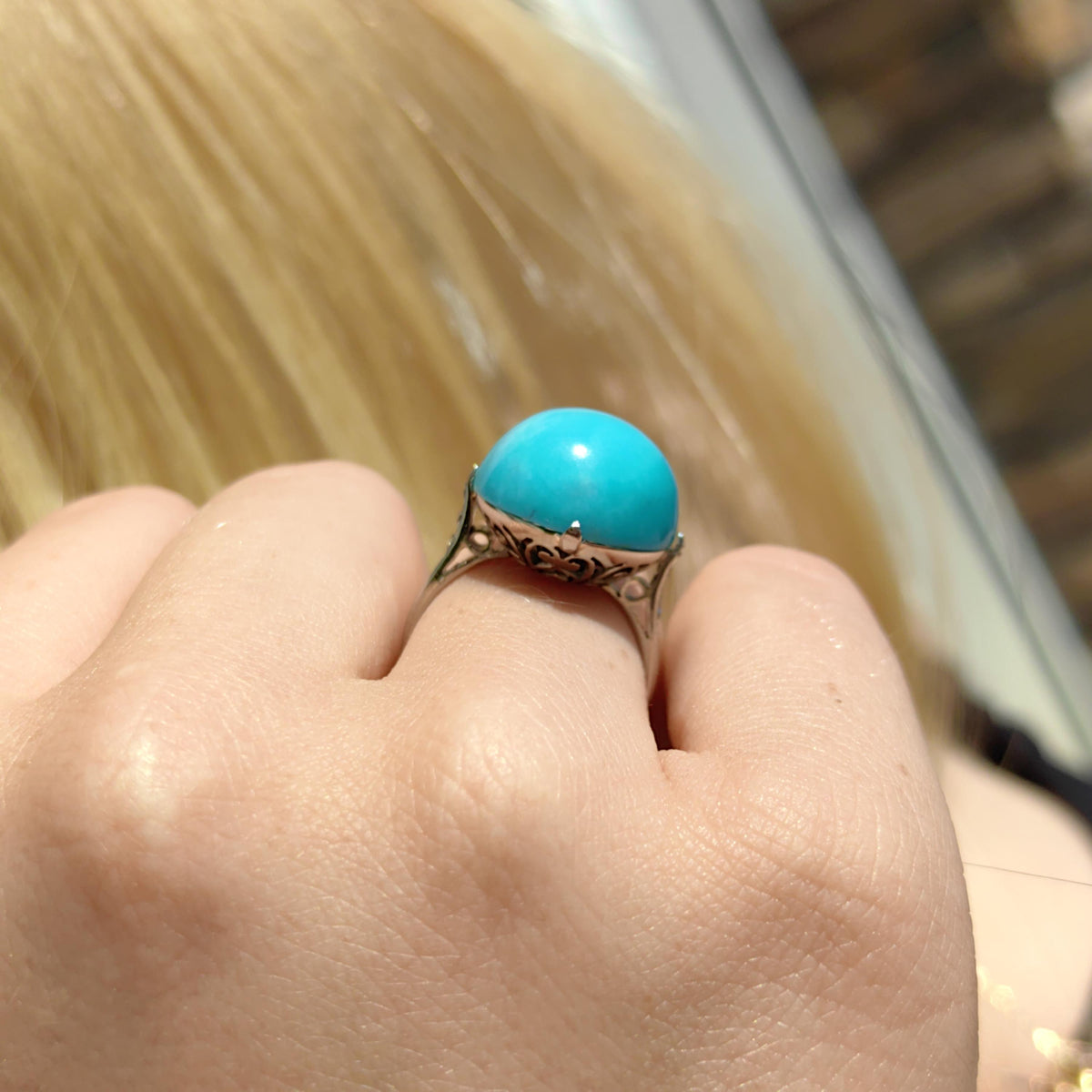 1920s Art Deco 18K White Gold Natural Blue Turquoise Diamond Ring, French Hallmark Antique Statement Engagement Jewelry