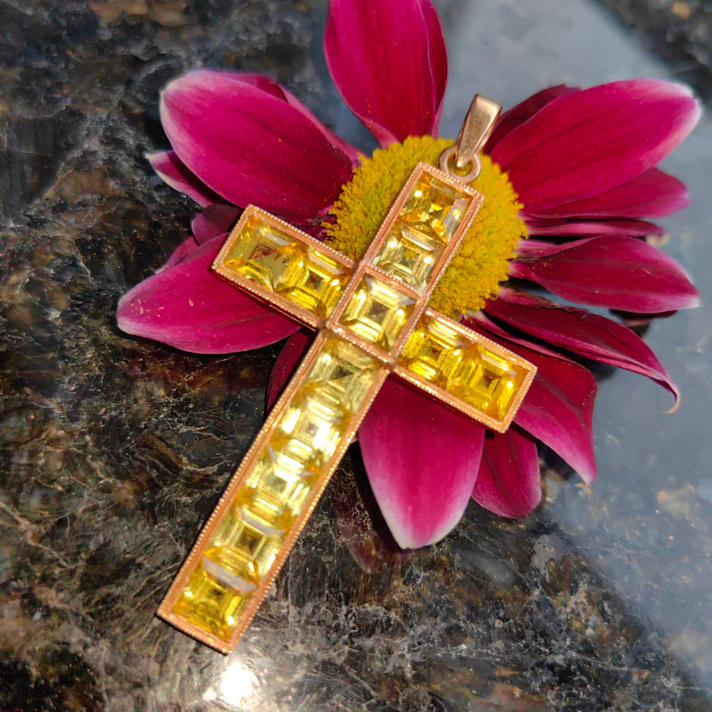 Art Deco Vintage Citrine Solid Yellow Gold Christian Catholic Cross Statement Pendant
