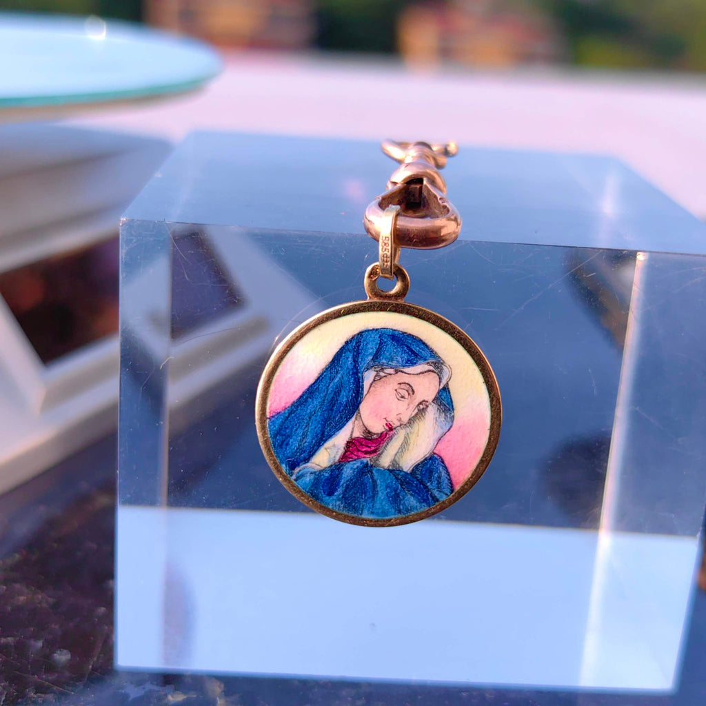 Vintage 14K Gold Virgin Mary Pendant: Hand-Painted Enamel Catholic Charm