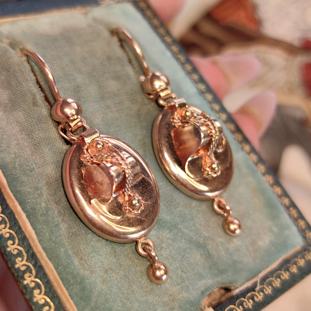14K Solid Yellow Rose Gold Victorian Style Mid Century Handmade Oval Dangle Statement Elegant  Earrings Gift for Her Present