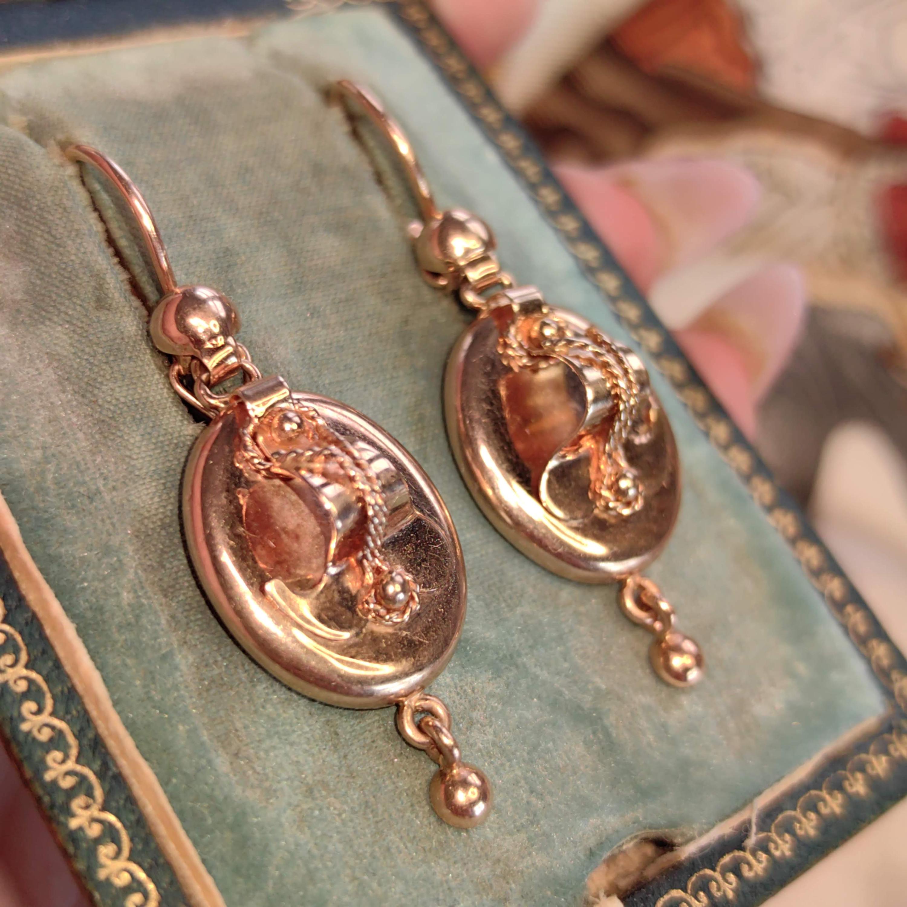 14K Solid Yellow Rose Gold Victorian Style Mid Century Handmade Oval Dangle Statement Elegant  Earrings Gift for Her Present