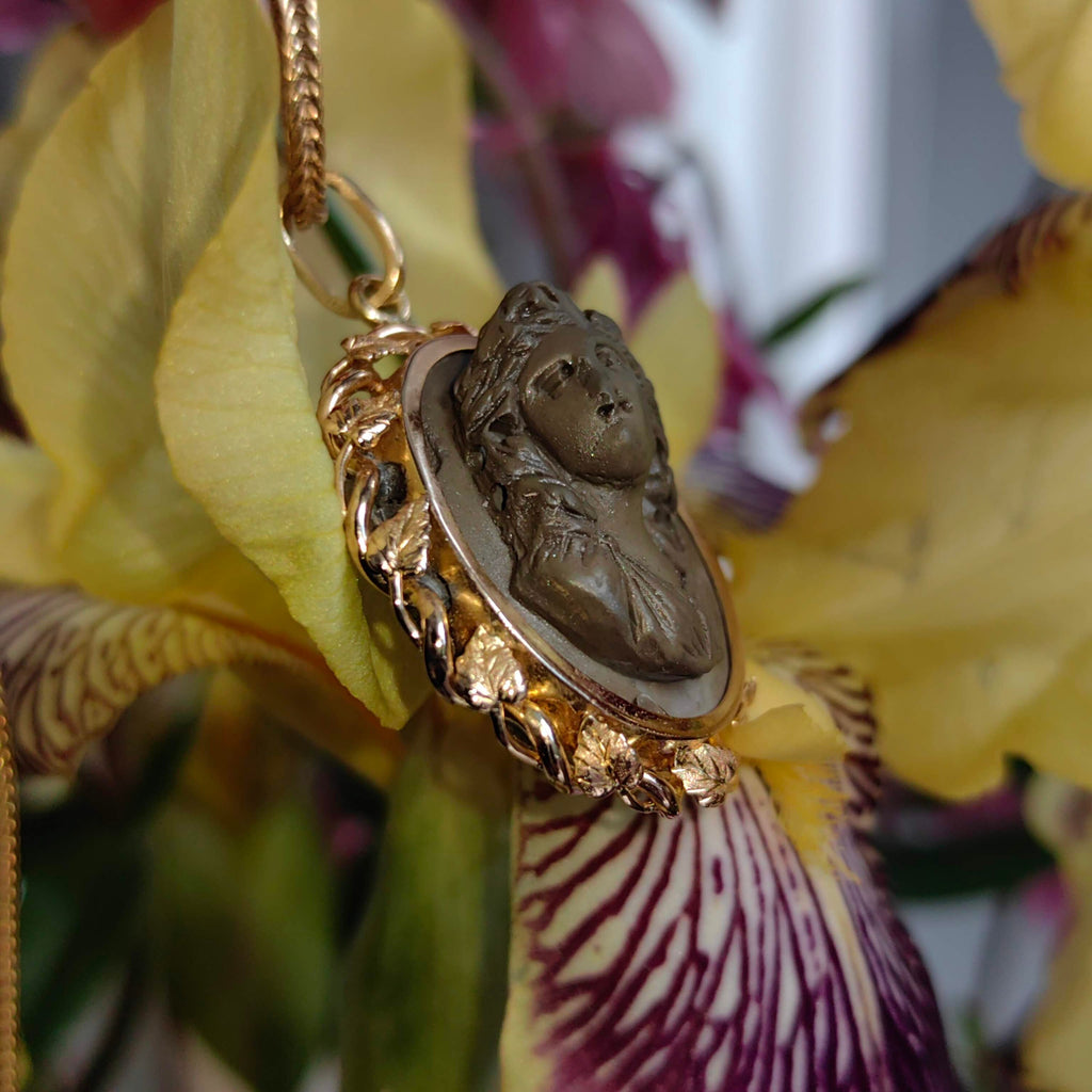 Victorian Hand Carved Lava Cameo Pendant - 14K Gold Framed