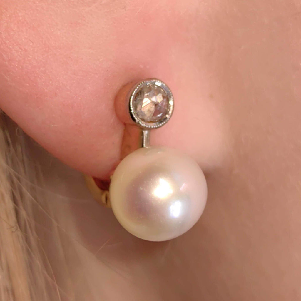 Art Deco Natural Pearl Earrings Rose Diamond 18k Solid Yellow Gold Handmade 1920s Antique Vintage  Elegant latch Back Closure Gift for Her