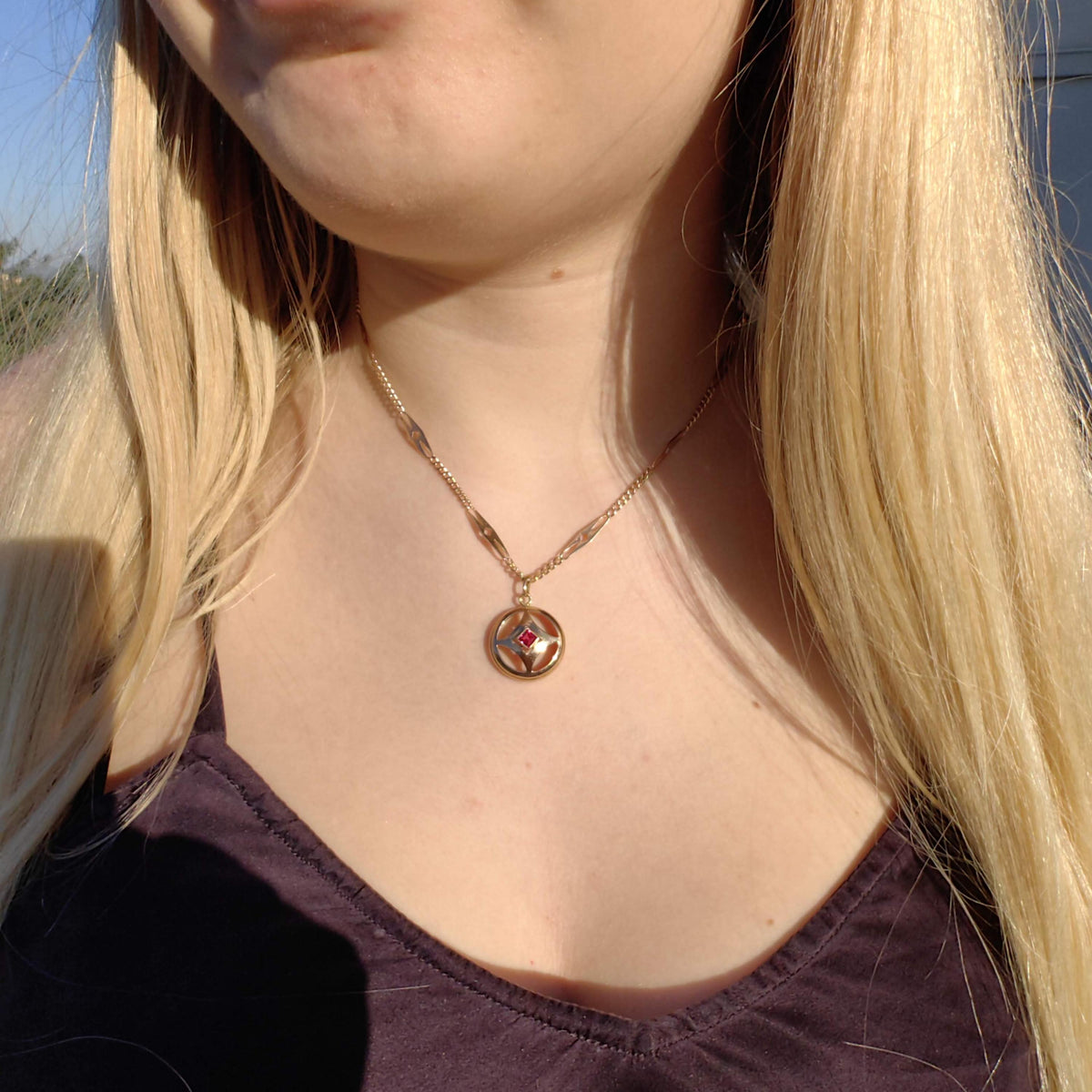 1900s Art Nouveau 14k Solid Yellow Rose Champagne Gold Pendant Lab Grown Ruby Liberty Style Elegant Medallion Gift for Her Present