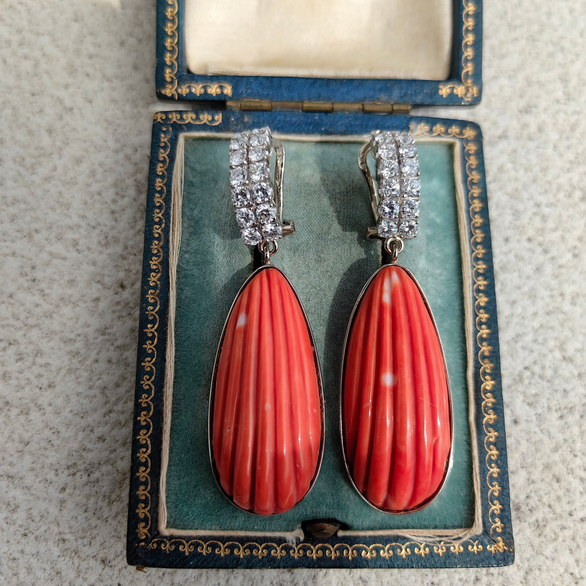 Vintage 1960s Natural Coral Diamond Dangle Earrings, 18K White Gold, 1.96ct, Carved Coral