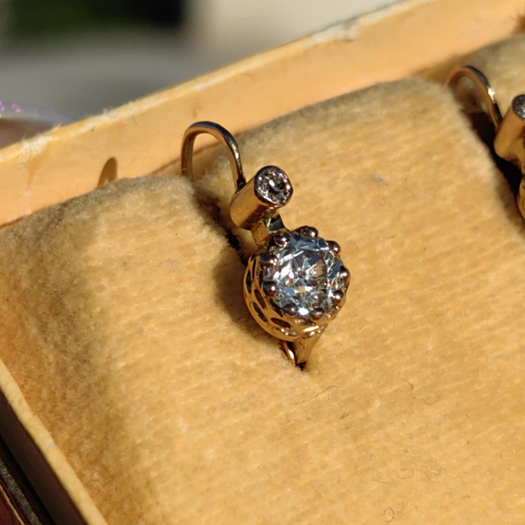 1880s Victorian 14K Champagne Gold Diamond Sleeper Earrings: Antique Dormeuse