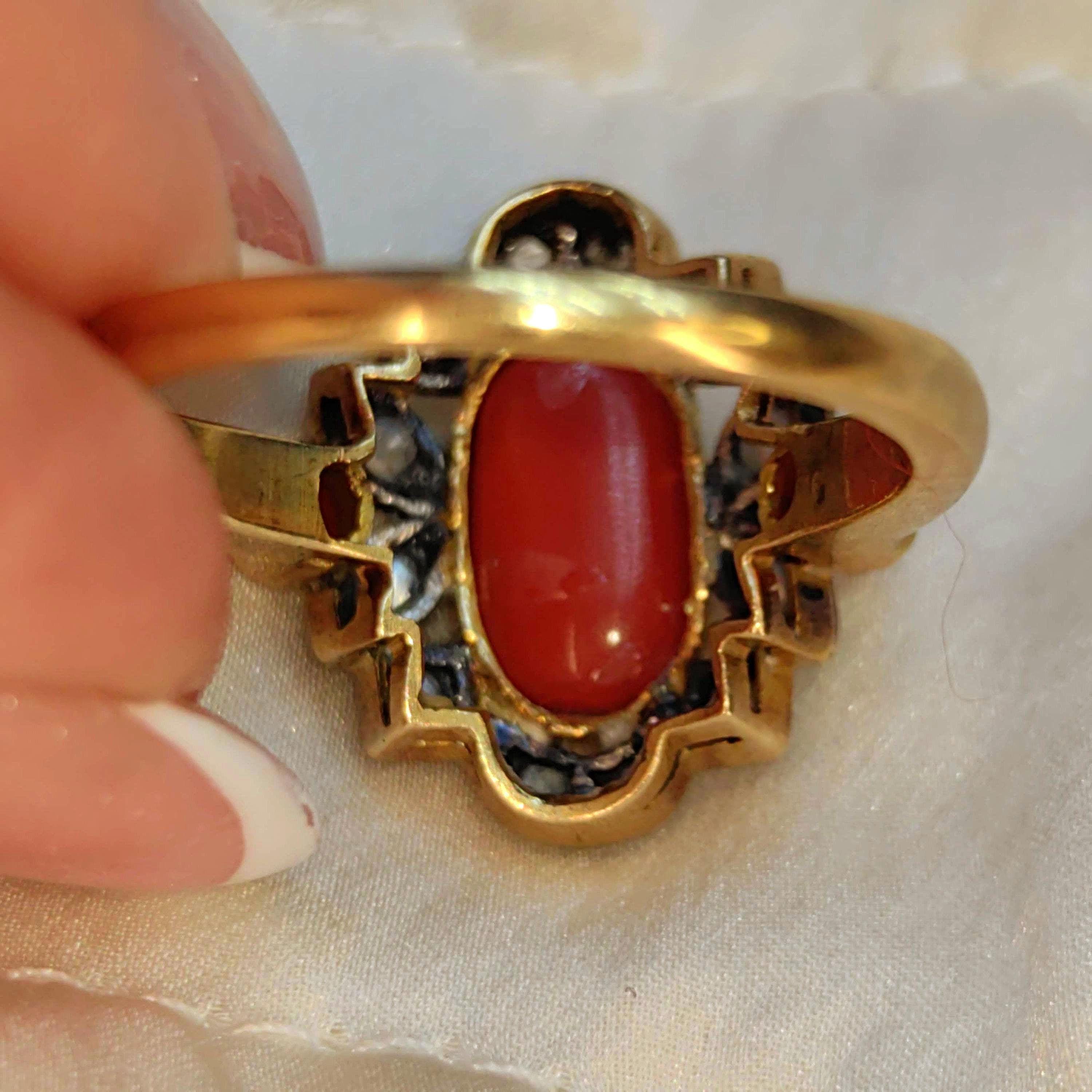 Art Deco 18k Solid Yellow Gold Bright Red Coral Gray Dainty Pearl Statement Ring Retro 1940s Geometric Ring Gift Present