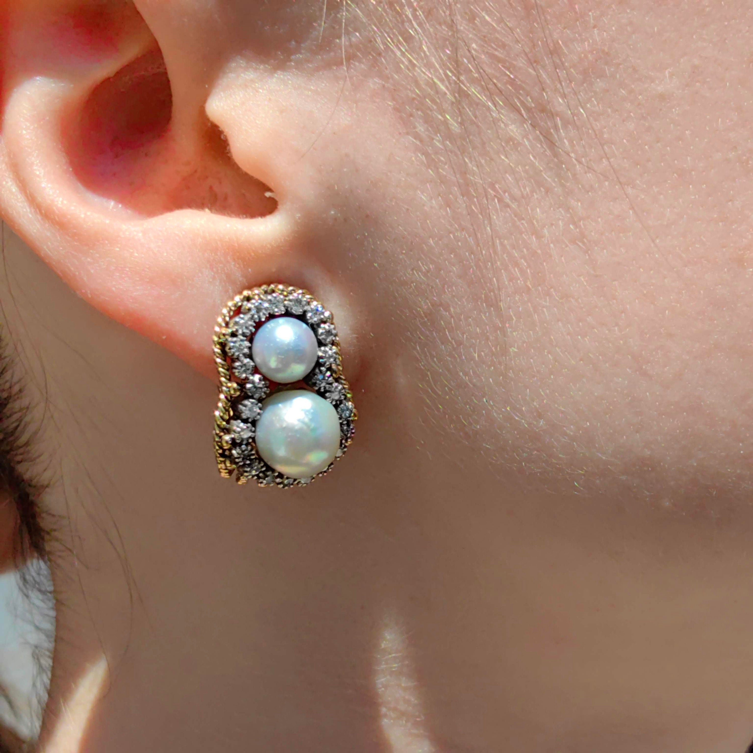 Art Deco 18k Solid Yellow Gold Natural Gray Sea Pearl Diamond Earrings 1930s Vintage Omega Closures Statement Earrings Gift for Her