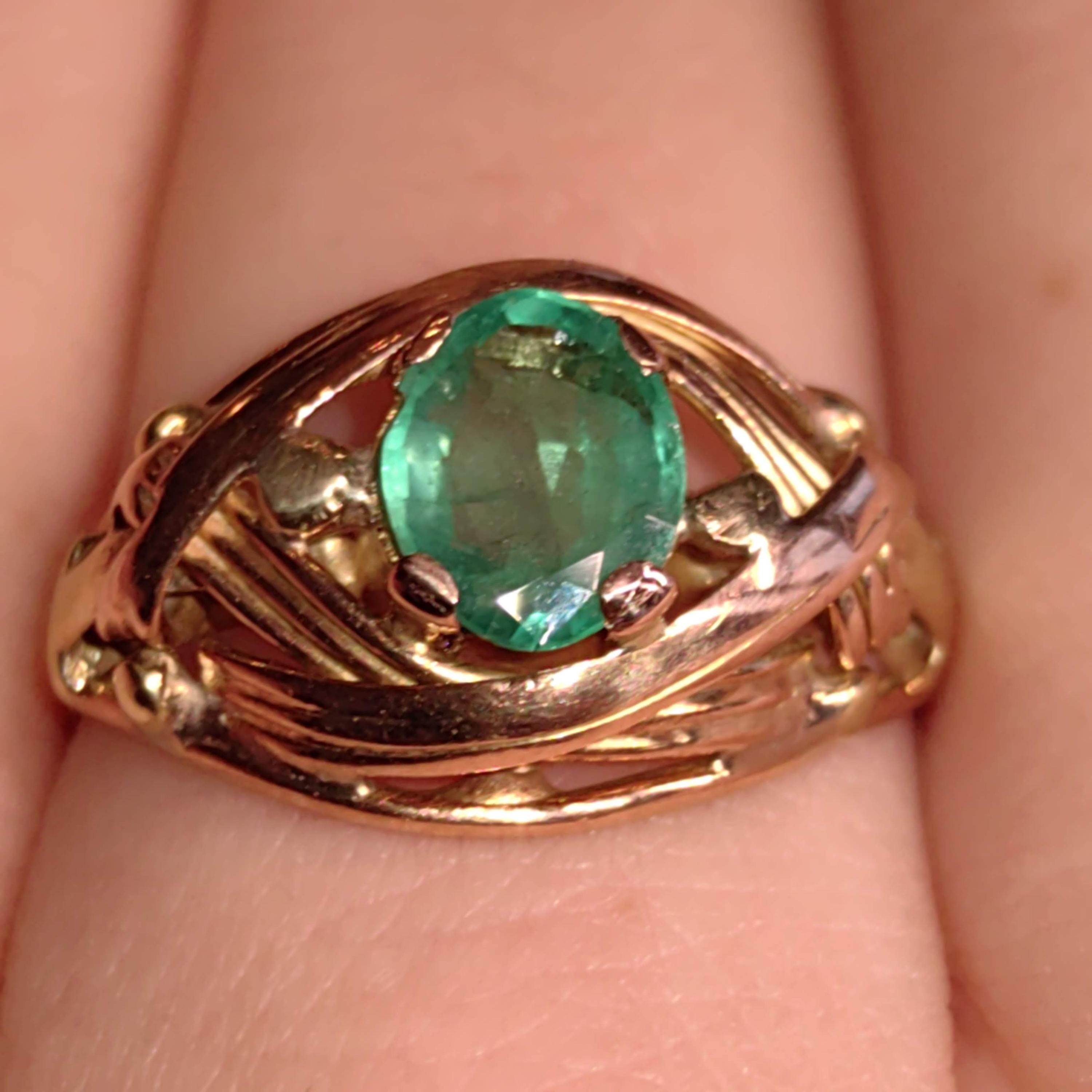 Art Nouveau 1900s Emerald Hallmarked 14k 585 Solid Yellow Rose Gold Antique Vintage Oval Natural Stone Band Solitaire Ring Gift Present