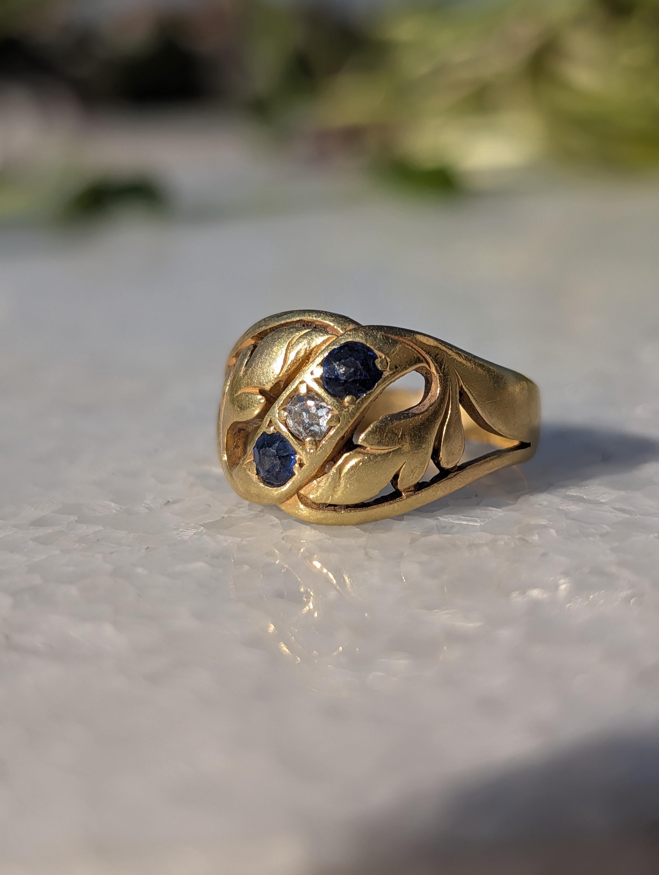 Victorian 1880s Sapphire Diamond Three Stone Ring 19K Gold Laurel Leaf Wide Band Antique US Duty Free HTS 9706