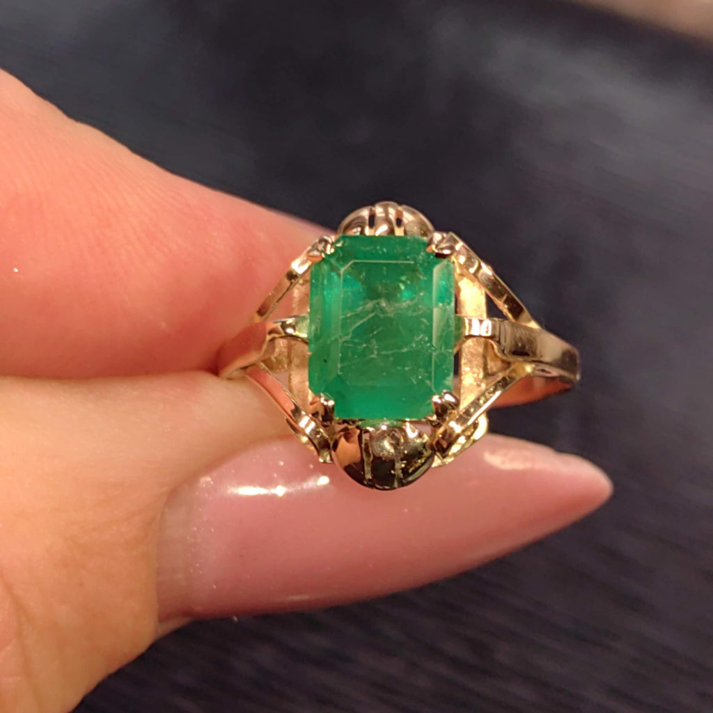 Art Nouveau 1900s Emerald Ring, Fine 14k Yellow Gold Antique Solitaire Ring, Natural Green Emerald Gift for Her, Size US 6.75 EU 54