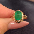 Art Nouveau 1900s Emerald Ring, Fine 14k Yellow Gold Antique Solitaire Ring, Natural Green Emerald Gift for Her, Size US 6.75 EU 54